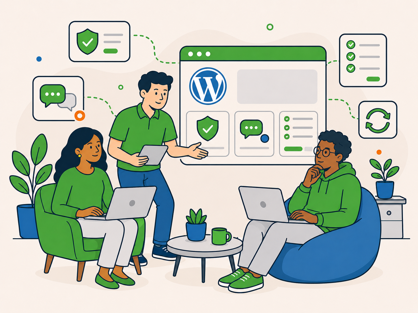 Newt Labs support team collaborating in a relaxed setting with WordPress security, support and ongoing care icons.