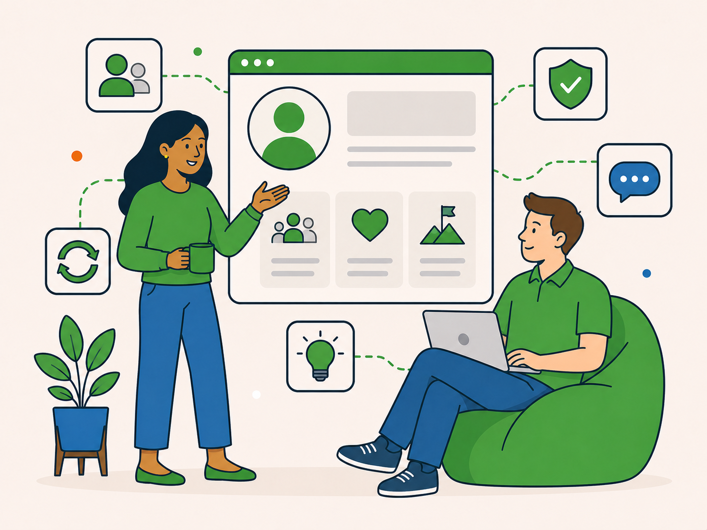 Illustration of two people exploring the About Newt Labs page, with profile, values, support and ideas icons around them.