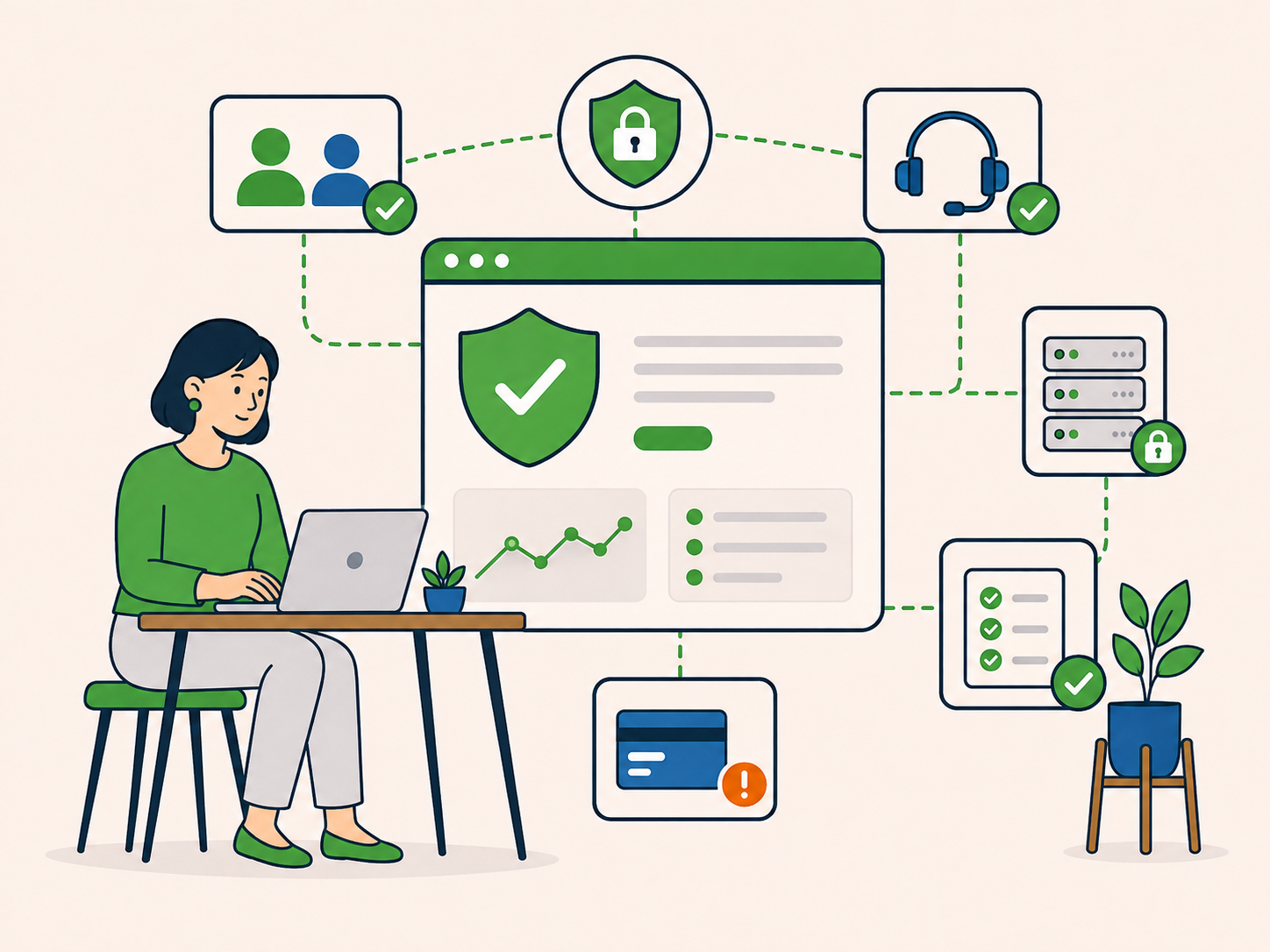 Illustration of a support specialist monitoring a protected website service, with connected icons for customers, support, hosting, payments, security, and service checks.