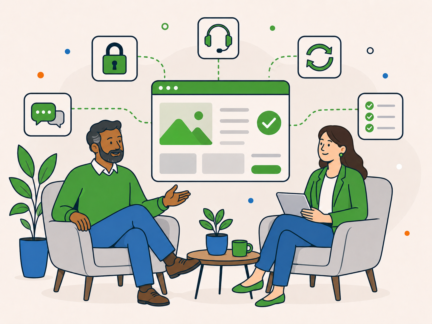 Two business owners having a calm private conversation, surrounded by connected icons representing confidentiality, support, continuity, and a smooth handover.