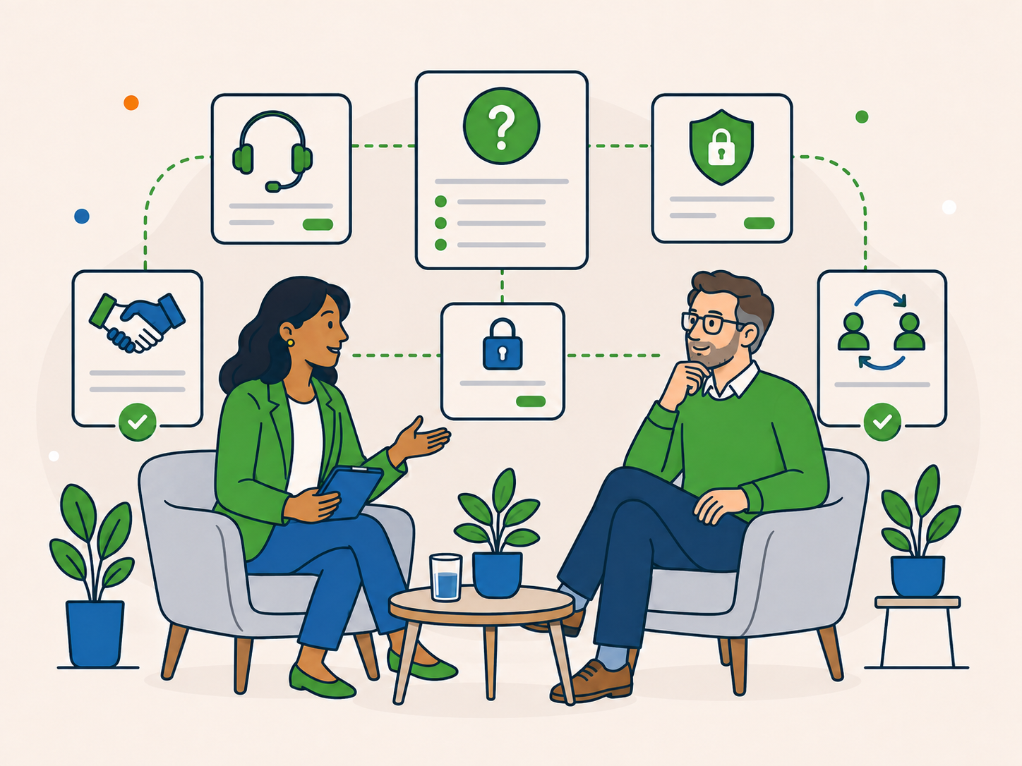 Two people having a calm private conversation in armchairs, surrounded by icons for questions, privacy, trust, support, and a low-pressure business handover discussion.