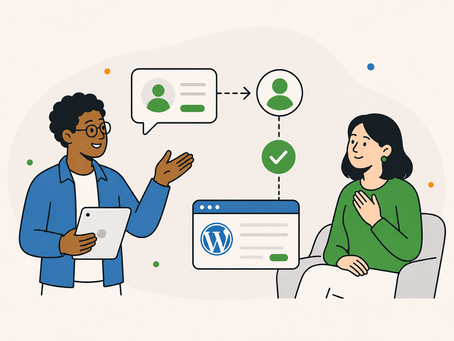 Flat vector illustration showing a referral conversation between two people, with a clear path from introduction to approved WordPress support.