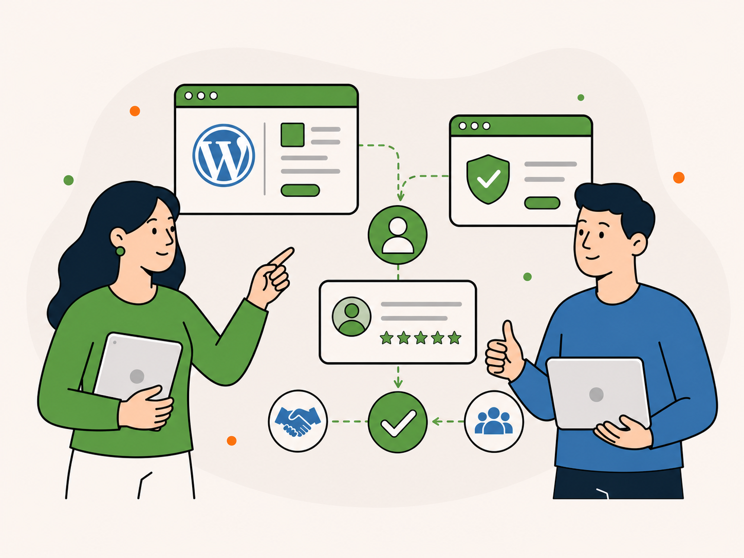 Flat vector illustration showing two people connected by website support, referral, review, and approval icons, representing the Newt Labs affiliate programme.