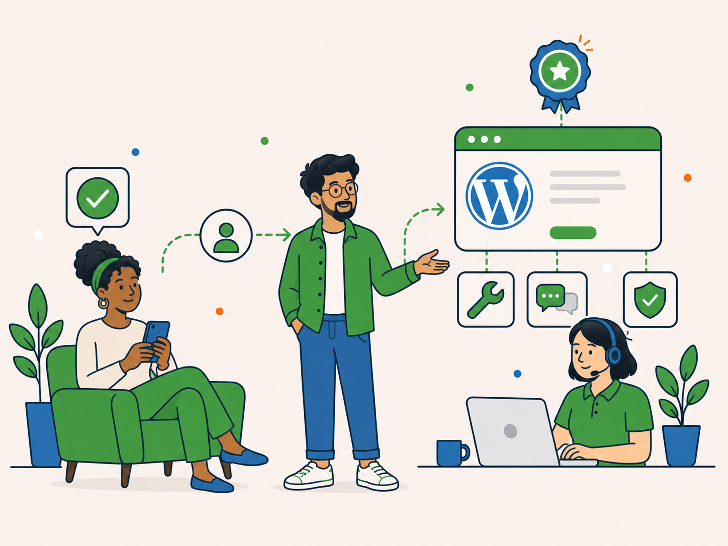 Affiliate introducing a website owner to Newt Labs WordPress support, with referral links and service icons.