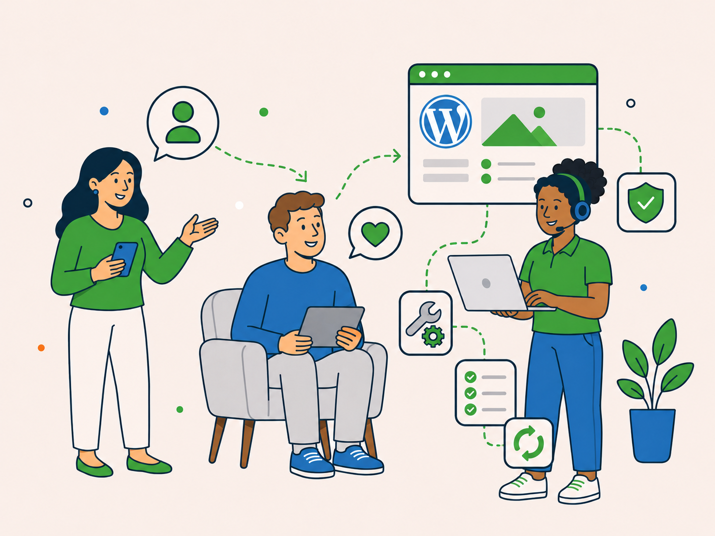 Affiliate making a helpful introduction while a Newt Labs specialist handles the technical WordPress support.