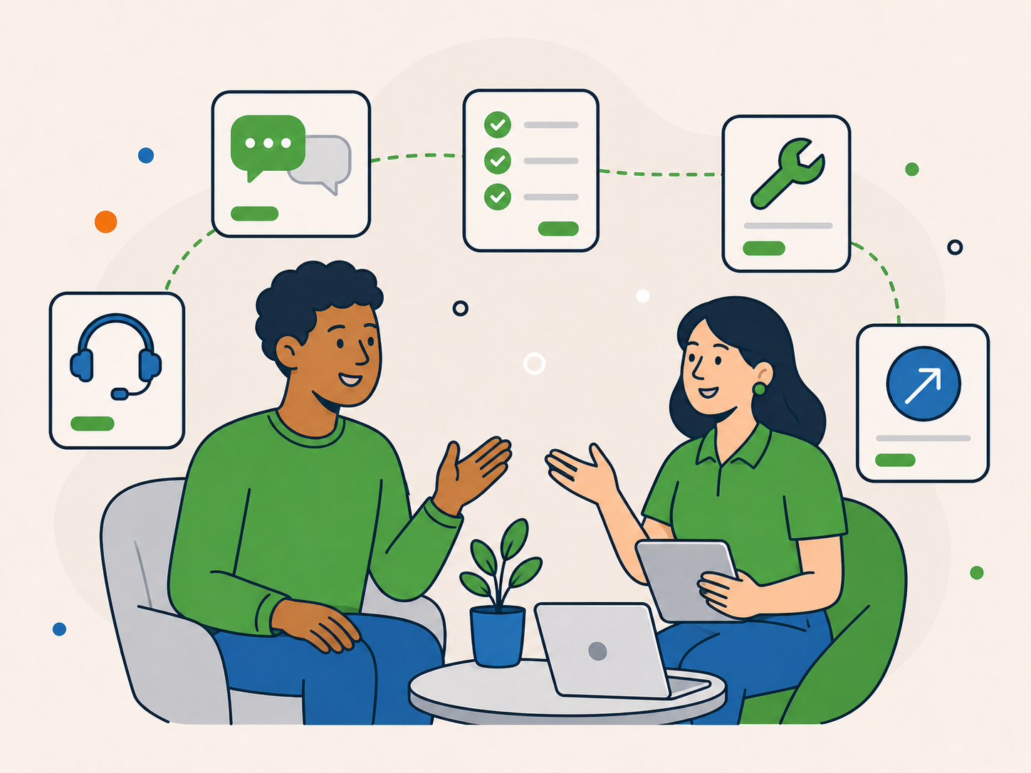 Agency owner discussing WordPress support questions with a specialist, surrounded by chat, checklist and technical support icons.