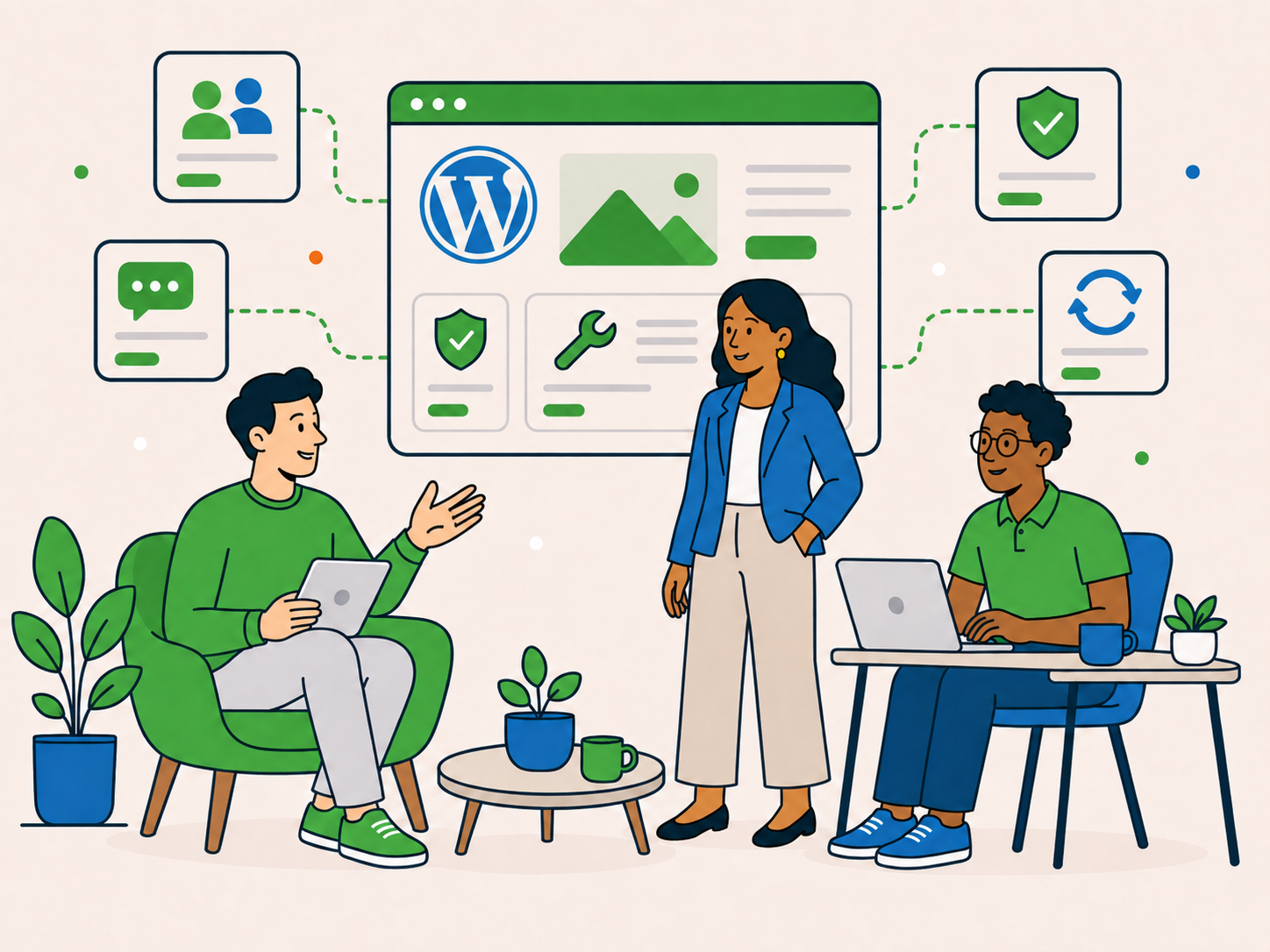 Agency and consultant workspace scene showing client discussion, website projects and WordPress support collaboration.