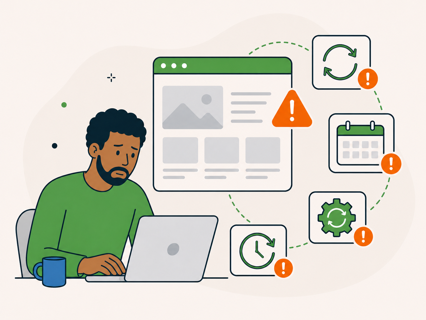Illustration of a concerned website owner looking at recurring website issues, with calendar, refresh, clock, and maintenance alerts showing problems repeating over time.