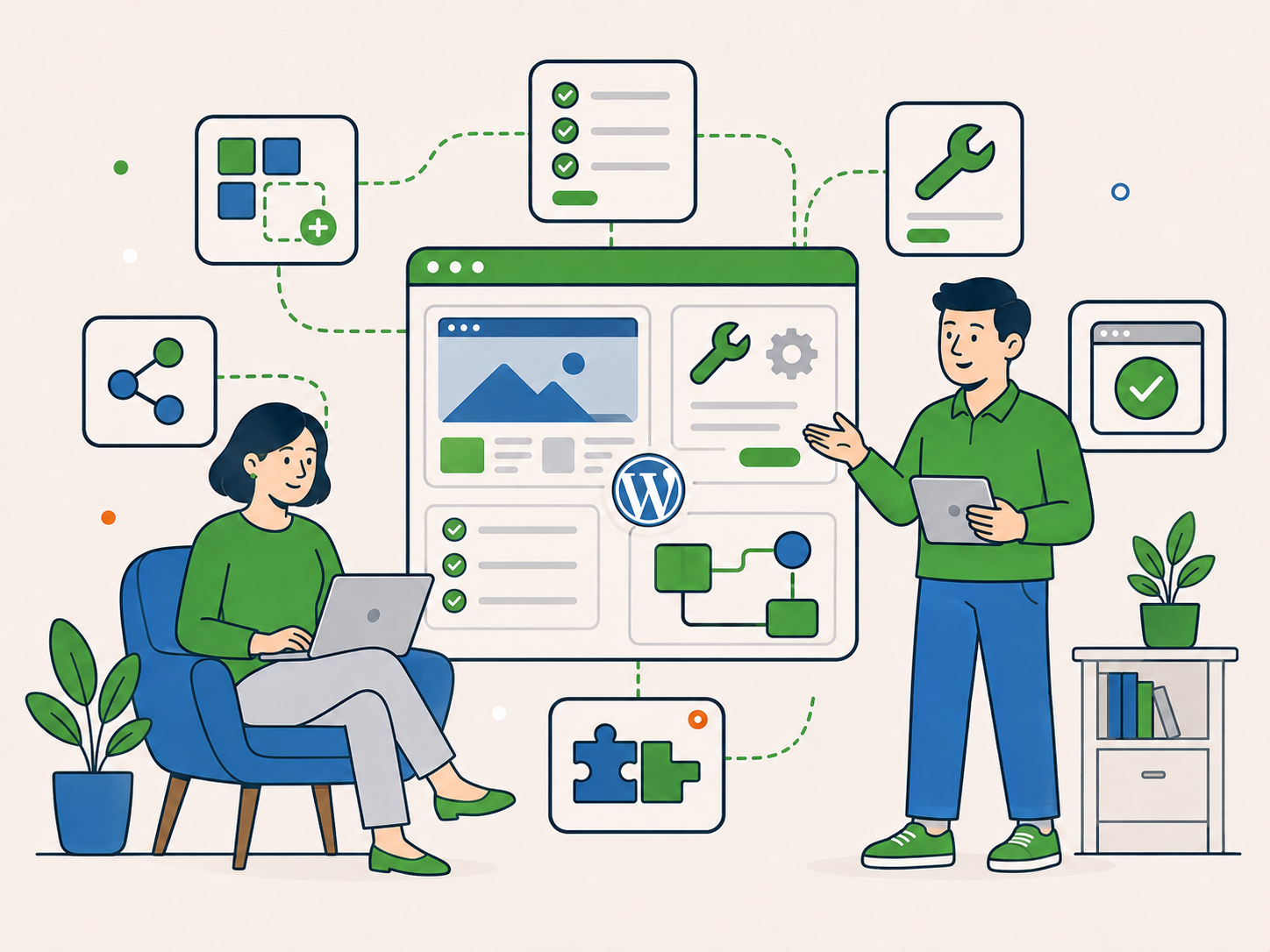 Illustration of two people working together with a WordPress technical dashboard showing tools, checklists, workflows, integrations, and project delivery panels.