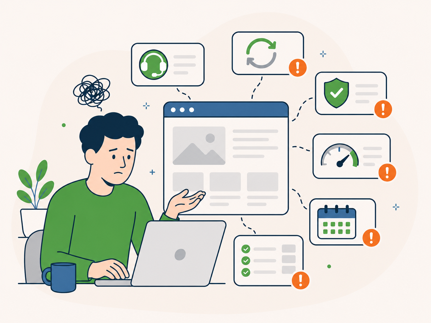 Illustration of a concerned website owner facing multiple website support issues, including updates, security, speed, and ongoing maintenance alerts.