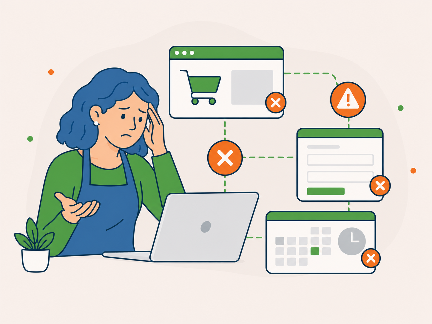 Illustration of a concerned business owner with a laptop and broken checkout, form, and booking panels showing error icons.