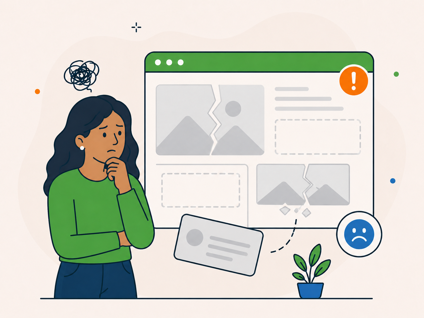 Illustration of a concerned website owner looking at a broken website page with missing sections, cracked image blocks, and error warning icons.