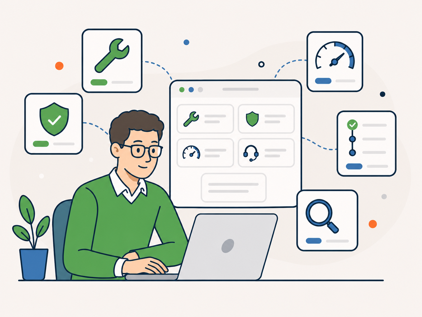 Illustration of a website owner comparing WordPress support options, including repairs, care plans, performance, and audits.