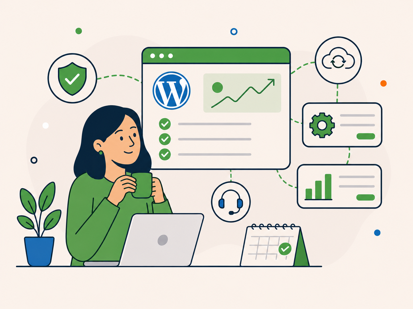 Relaxed business owner with a maintained WordPress website, ongoing support and long-term performance monitoring.