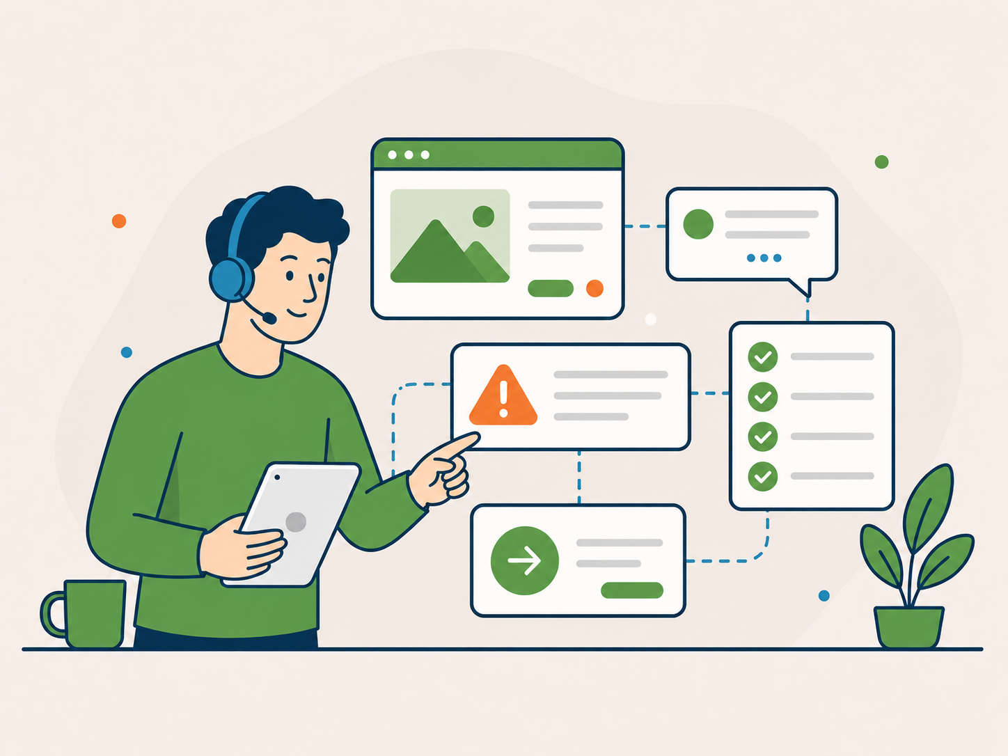 Illustration of a calm support specialist reviewing a website issue and guiding the next steps through connected support panels.