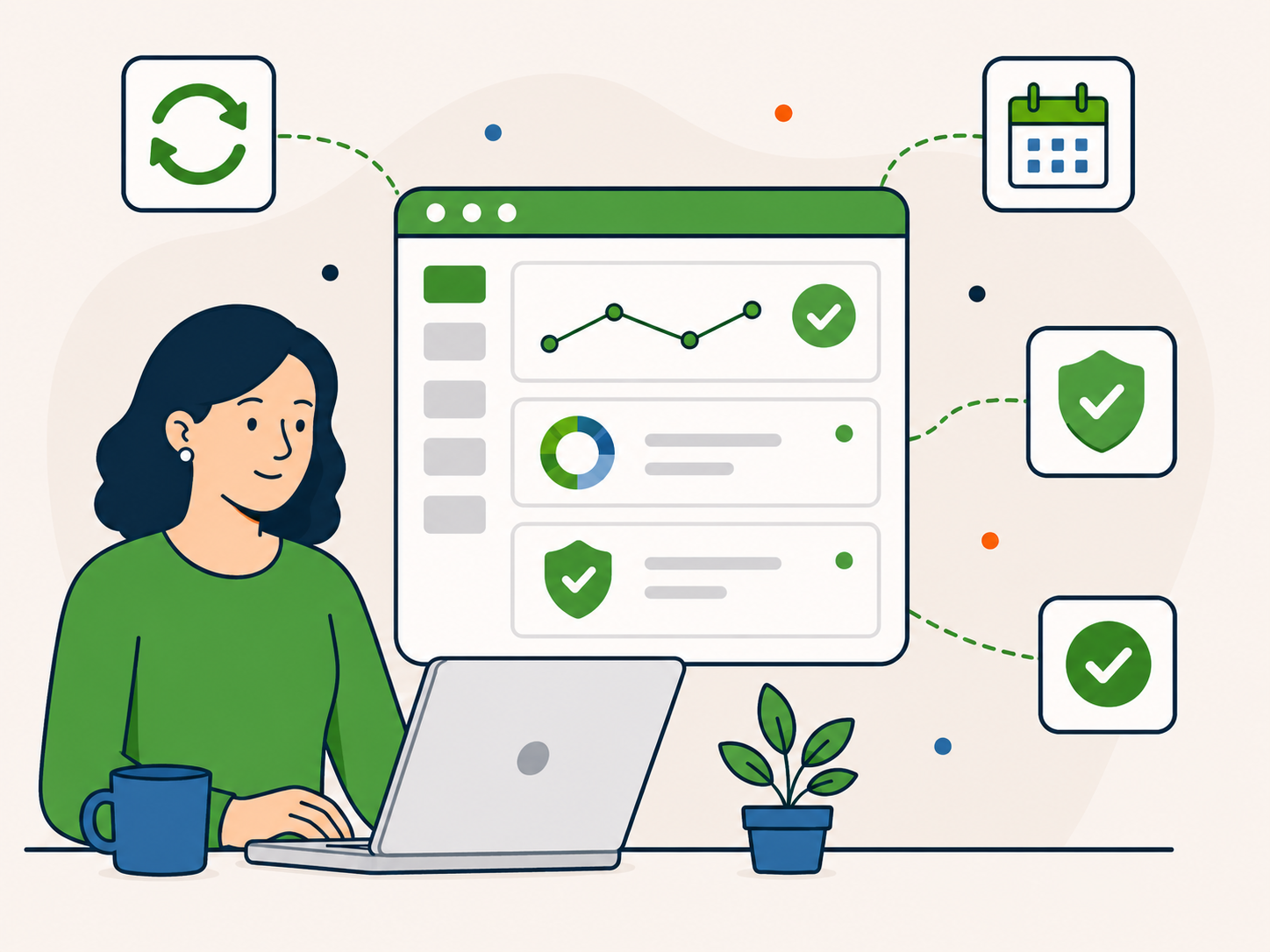 Illustration of a calm website owner using a WordPress care dashboard with regular checks, security, calendar, and ongoing support icons.