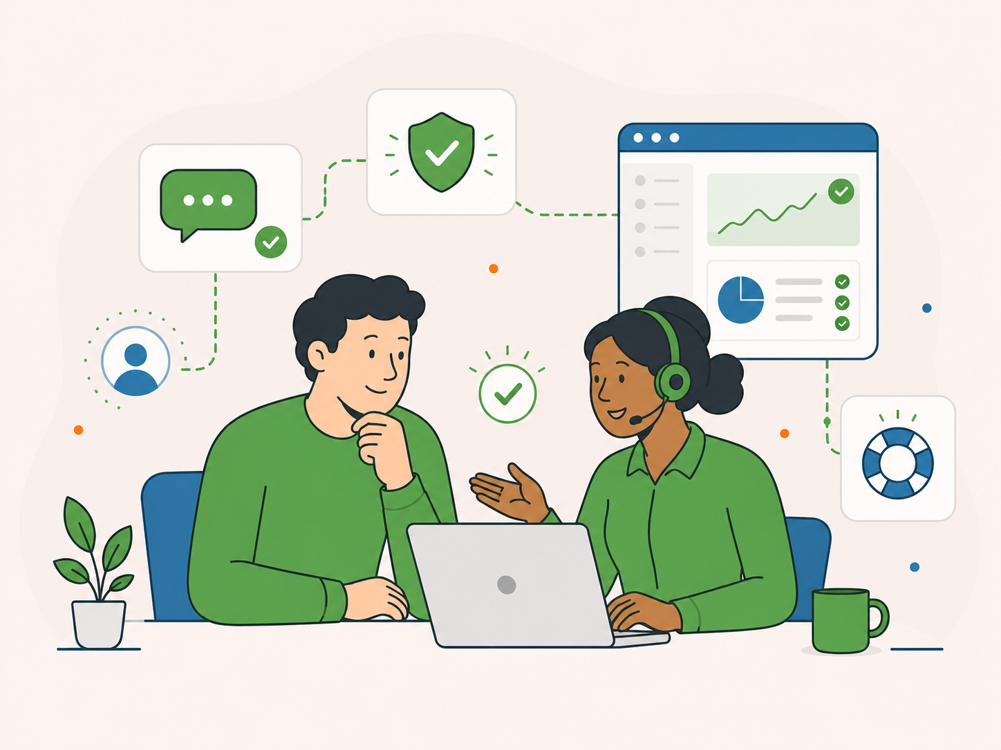 Illustration of a website owner speaking with a support agent in a calm workspace, with website health, communication, and support icons showing clear ongoing WordPress help.
