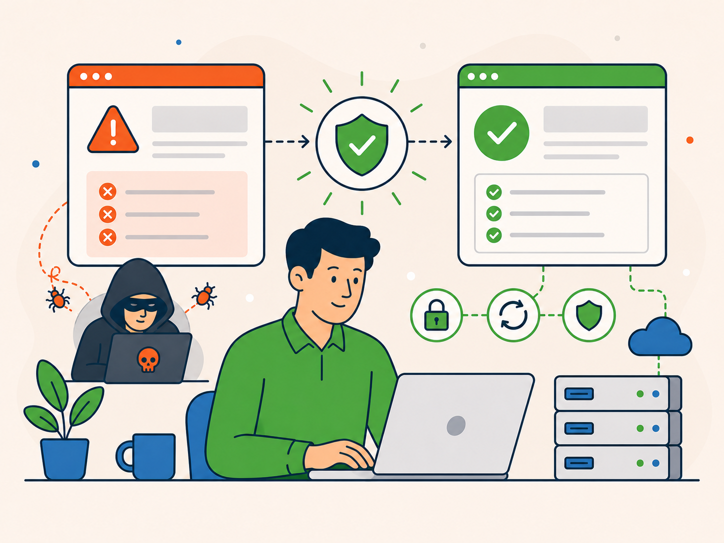 Compromised website being recovered and protected through malware removal, security checks and ongoing server support.
