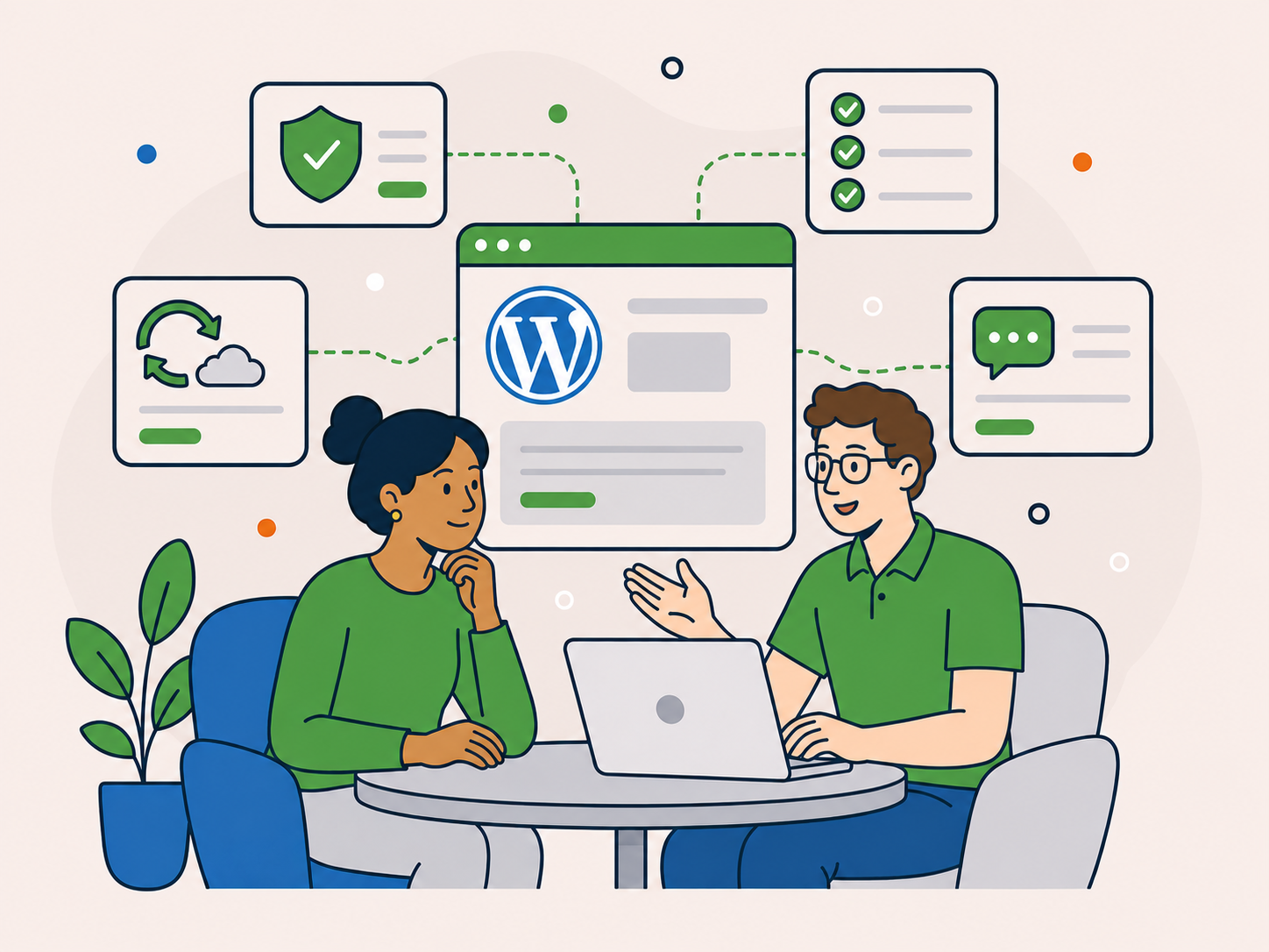 Two WordPress support professionals calmly reviewing a client website, with security, process, communication and backup panels around them.