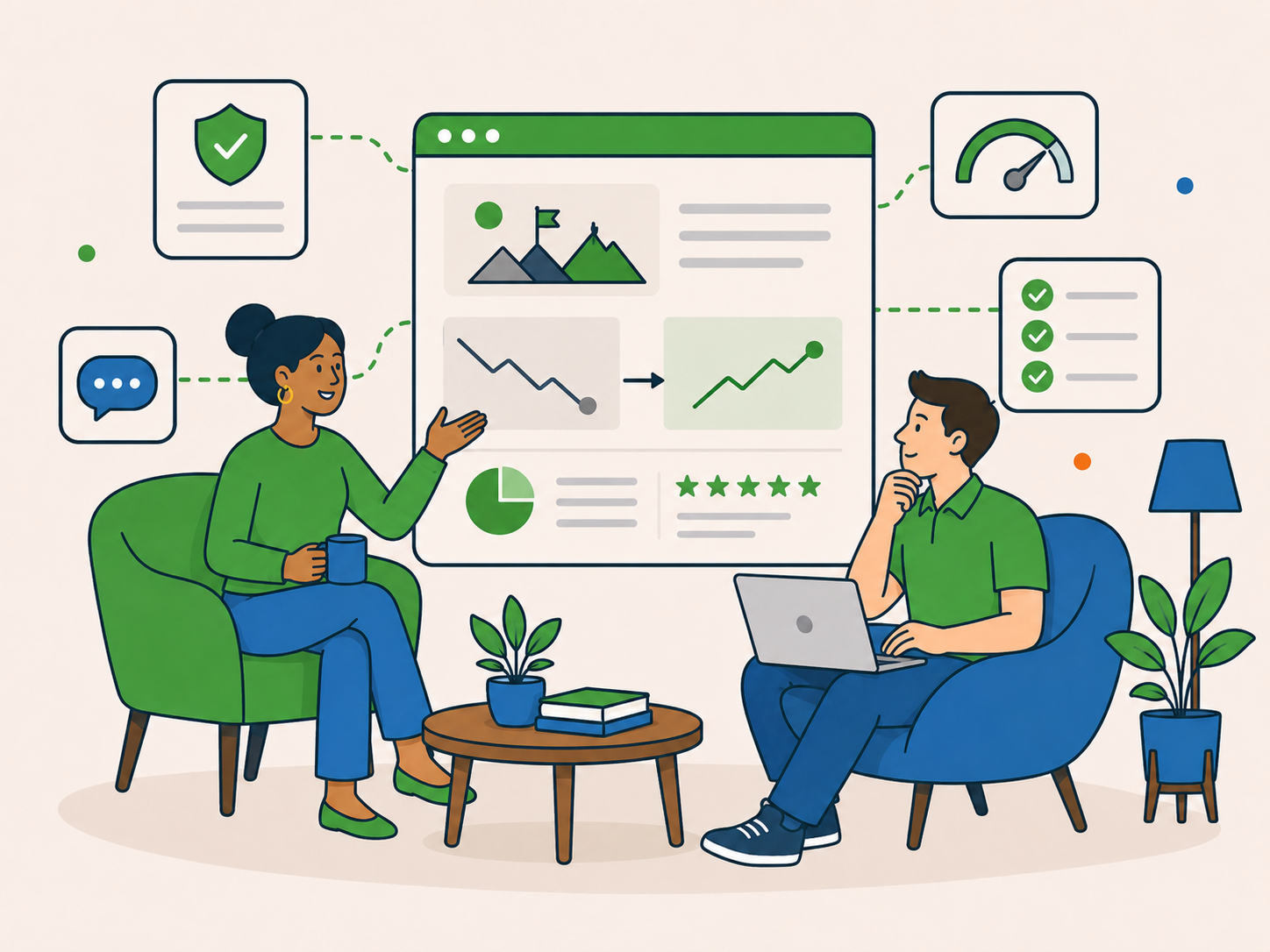 Illustration of two people reviewing case study results, with charts, ratings and progress indicators showing business improvement.