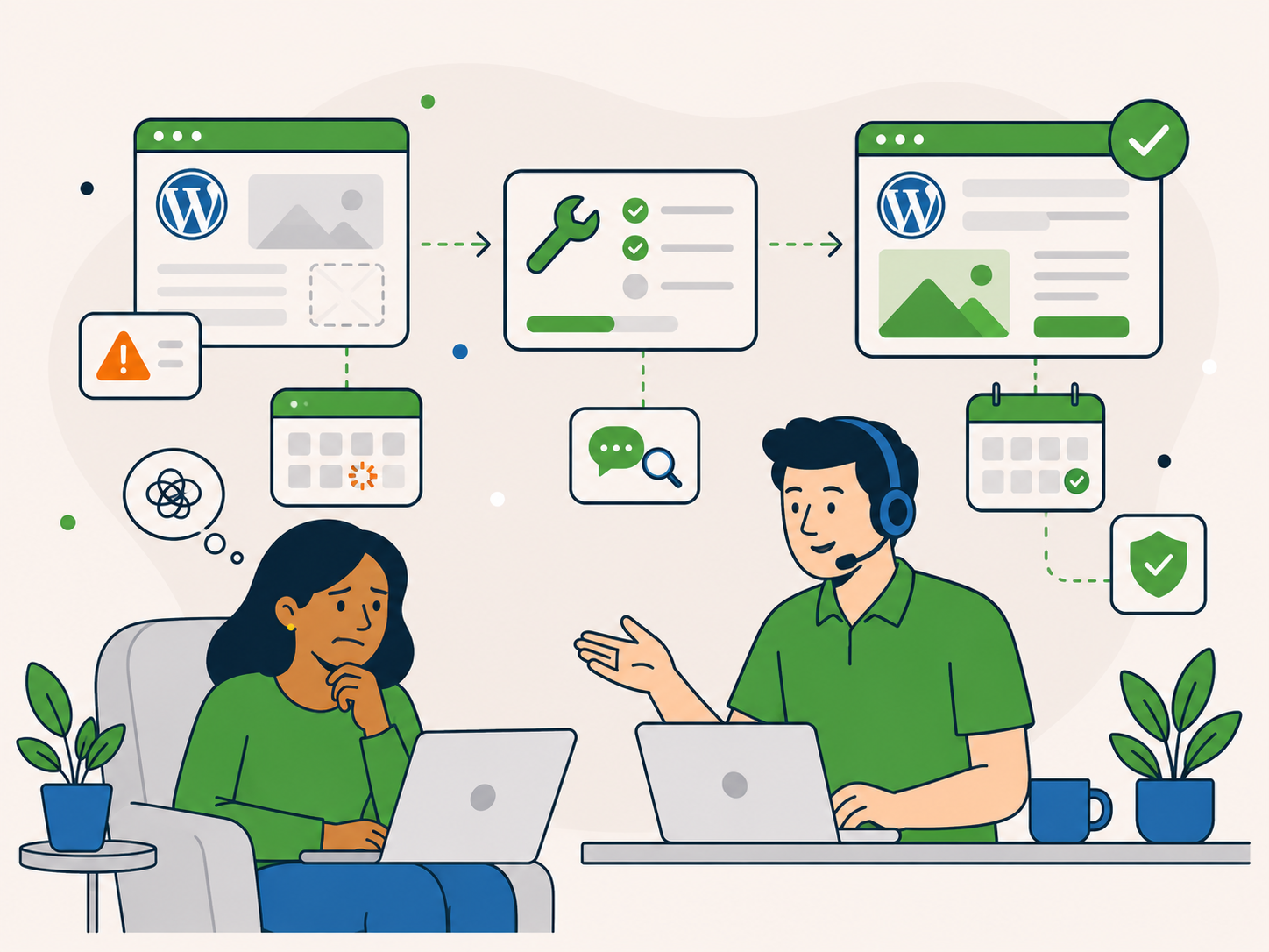Illustration of a customer and a website support specialist working through a broken WordPress site, showing problem alerts, diagnostics, and a final working website state.