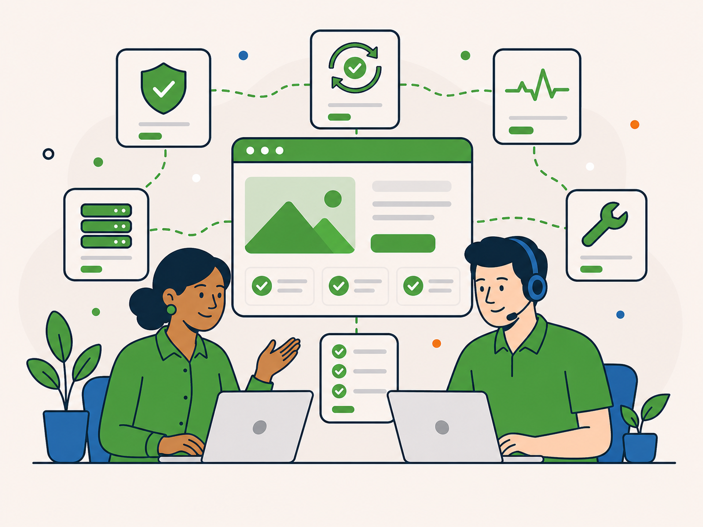 Illustration of a client and support specialist with laptops in front of a website dashboard, surrounded by connected icons for monitoring, maintenance, security, backups, and ongoing support.