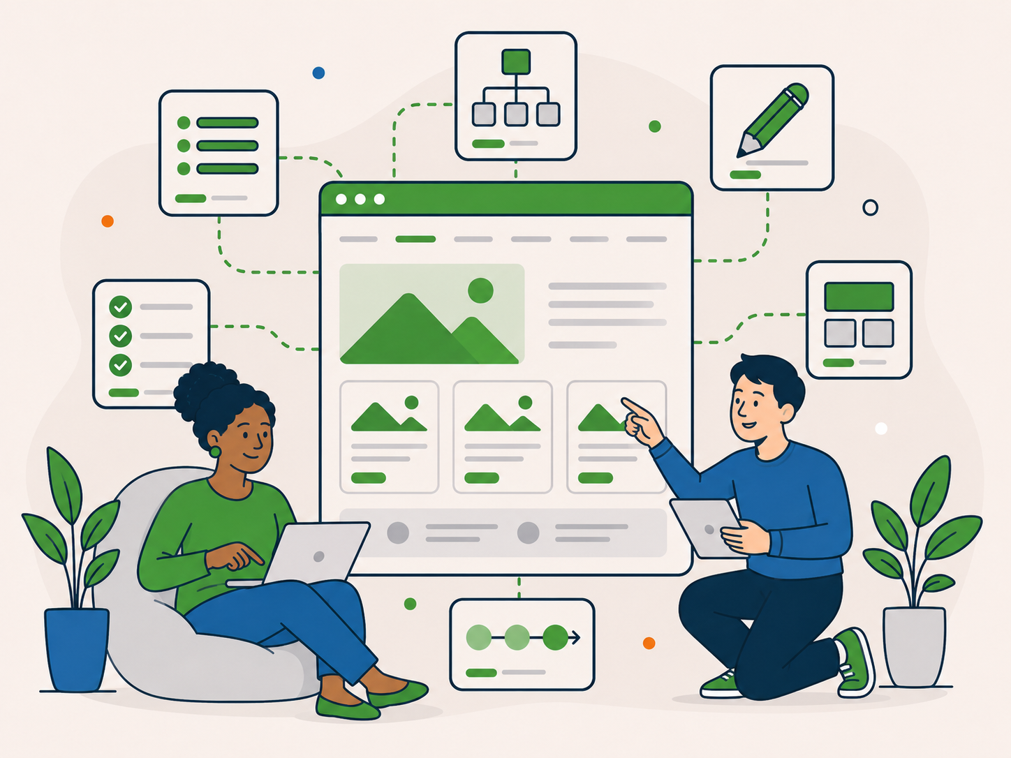 Illustration of two people planning website improvements around a large site layout, with connected icons for structure, editing, navigation, and grouped content updates.
