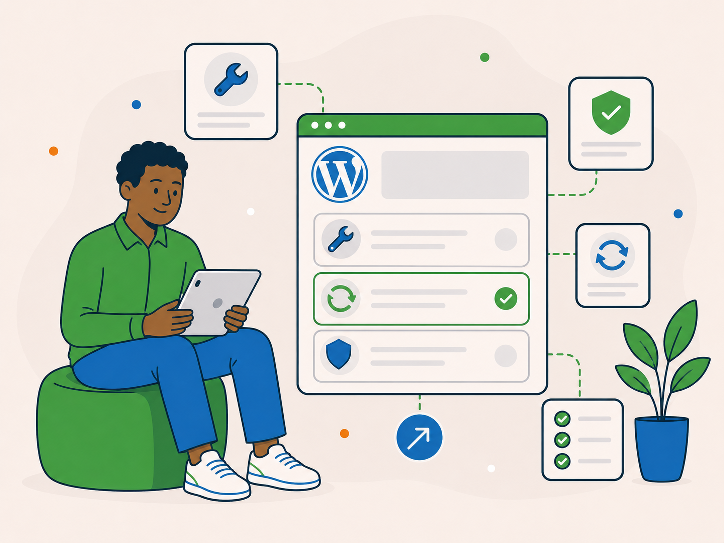 Customer comparing one-off help, ongoing care and long-term WordPress support options on a tablet.