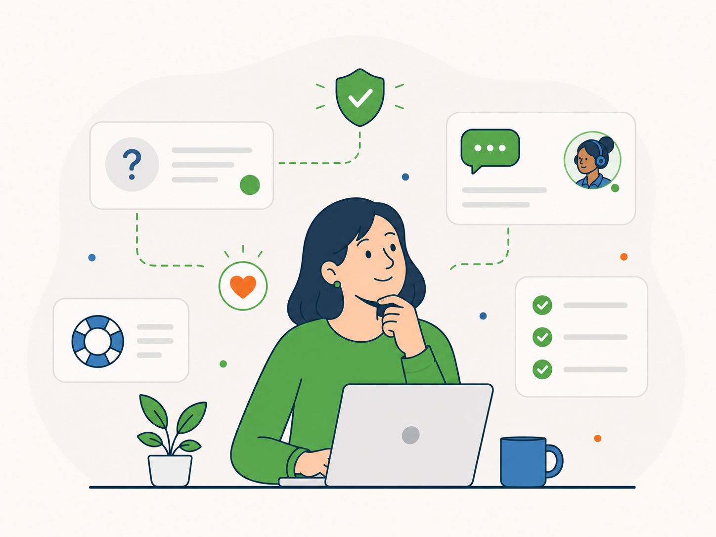 Illustration of a website owner reviewing common questions before choosing Newt Labs, with friendly support, reassurance, and clear next-step icons.