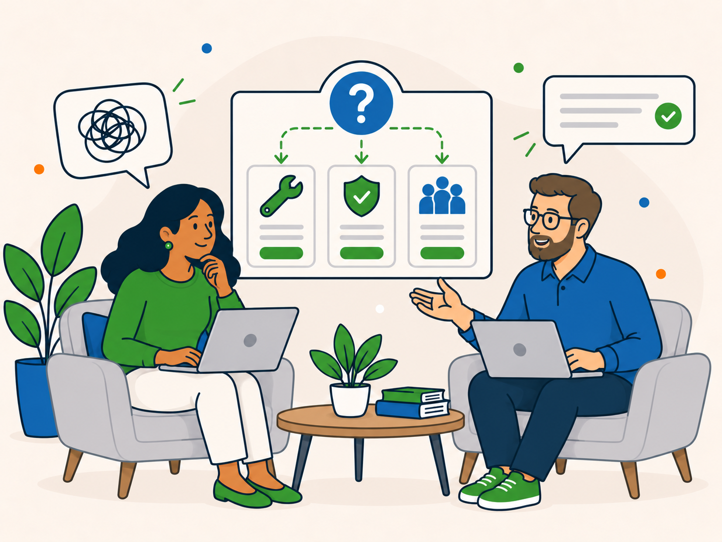 Illustration of a website owner discussing different WordPress support options to find the most suitable route.