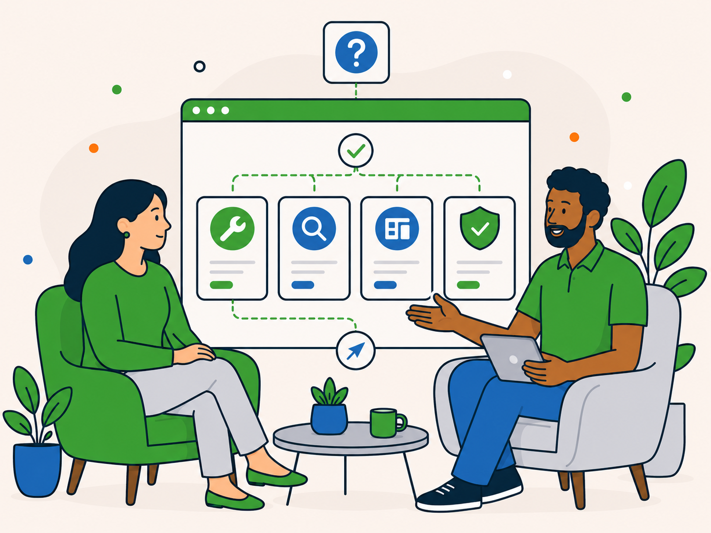 Illustration of a Newt Labs support advisor giving clear guidance to a customer, with a visual panel showing the best support route before any work is agreed.