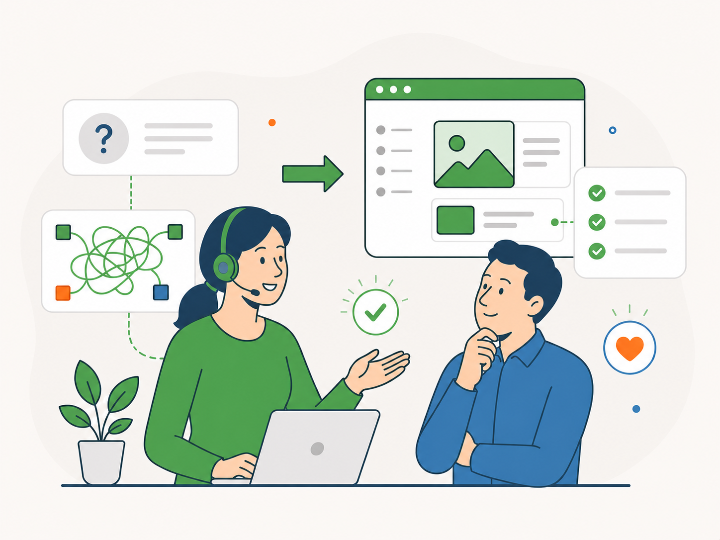 Illustration of a support agent explaining a WordPress issue clearly to a website owner, turning confusing technical details into a clear next step.