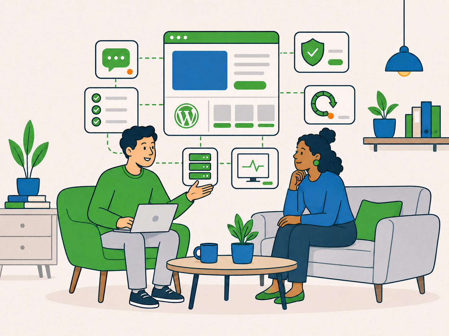 Consultant discussing a client website while dependable WordPress support operates behind the scenes.