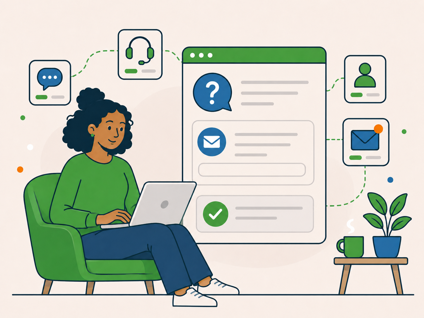 Person contacting Newt Labs from a laptop, with connected icons for questions, messages, email, and support.