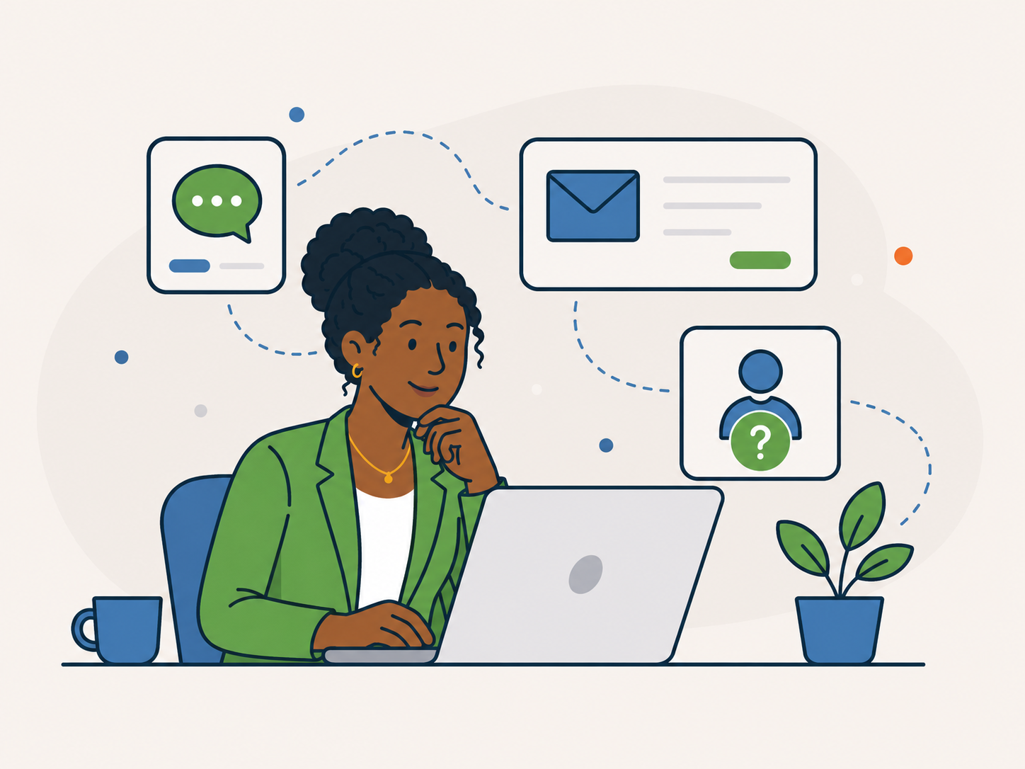 Illustration of a website owner sending a general enquiry, with email, chat, question, and contact icons.