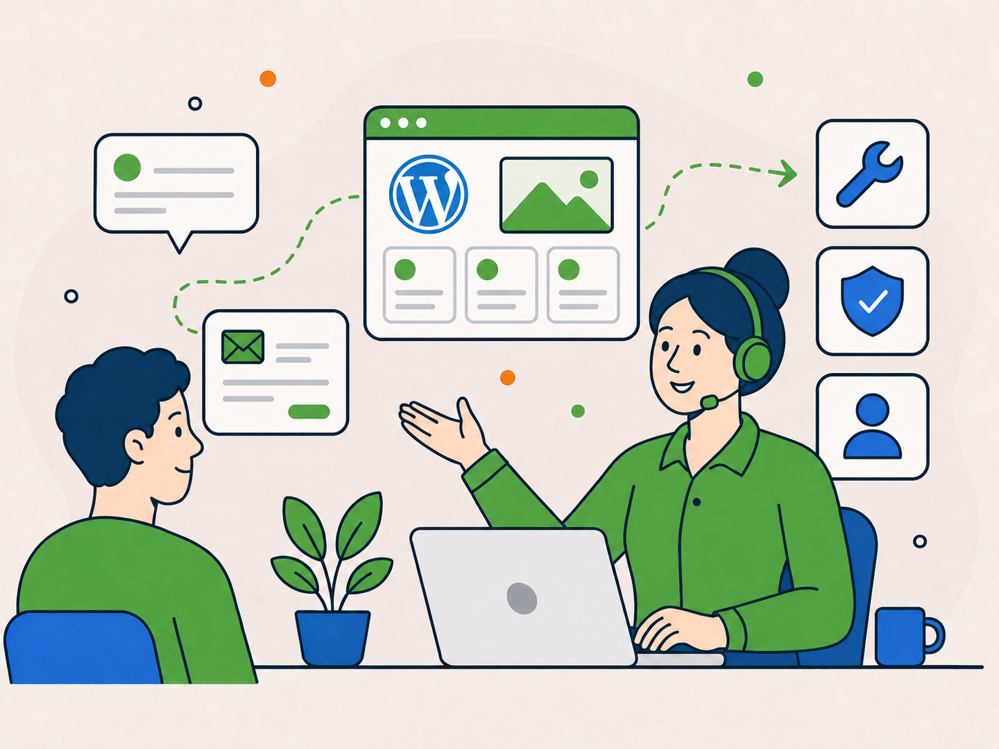 Illustration of a Newt Labs support adviser helping a website owner choose the right next step, with WordPress and service icons showing support, security, and maintenance options.