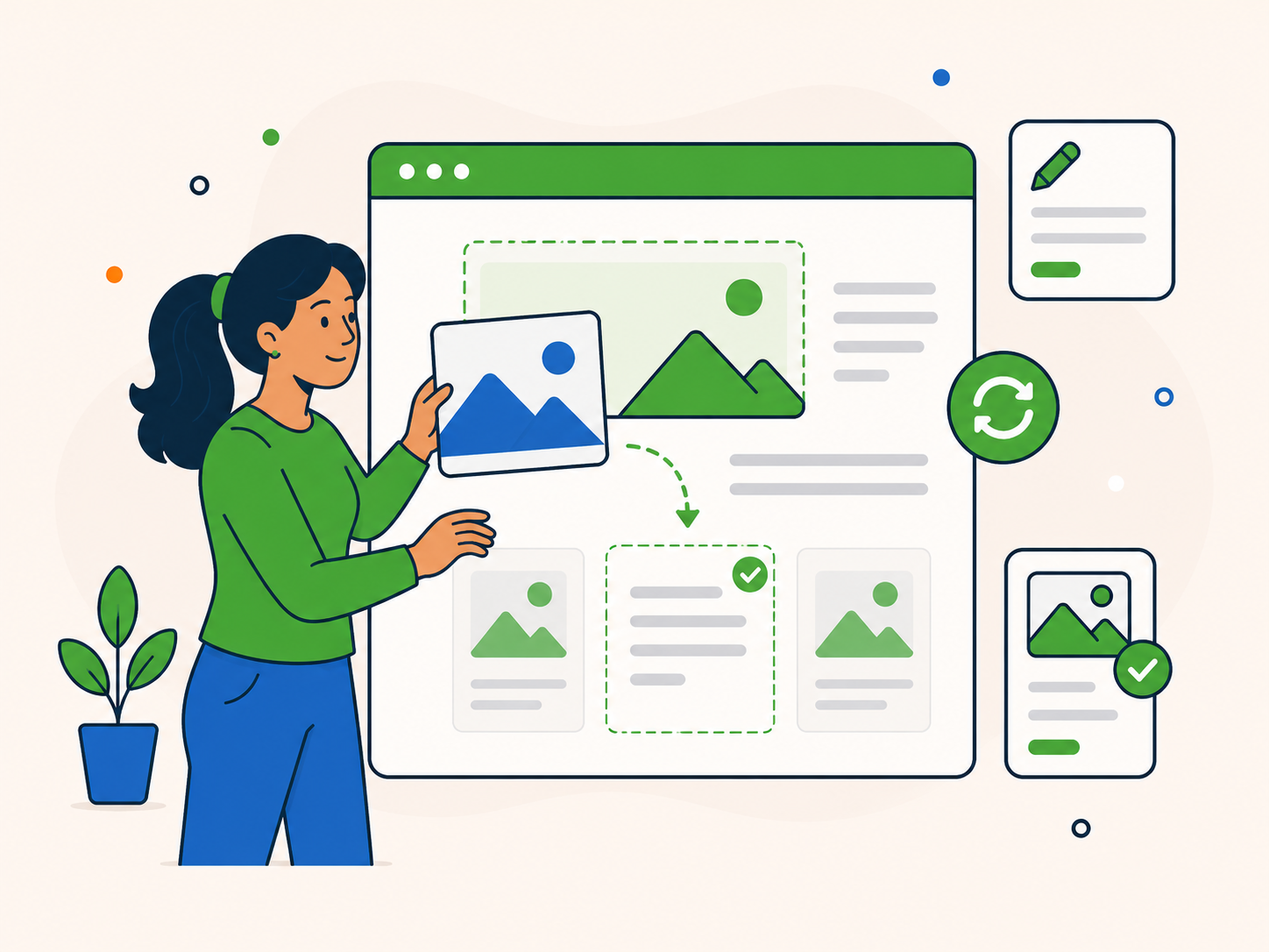 Illustration of a woman updating website content and images in a WordPress-style page editor, showing refreshed visuals, content blocks, and page updates.