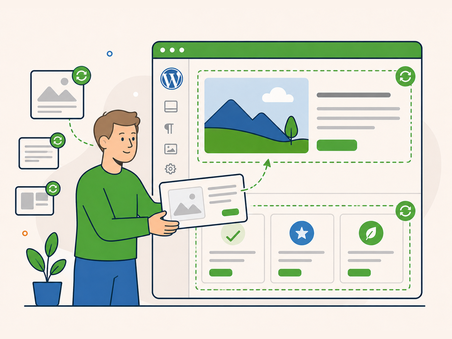 Illustration of a person updating website content in a WordPress-style editor, refreshing images, text, and page sections to keep the site up to date.