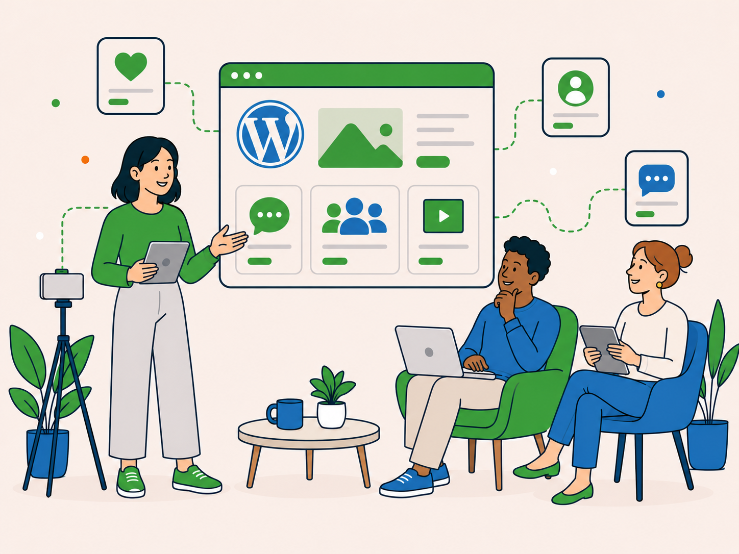 Creator or educator presenting to a small audience of website users with WordPress, community and content visuals.