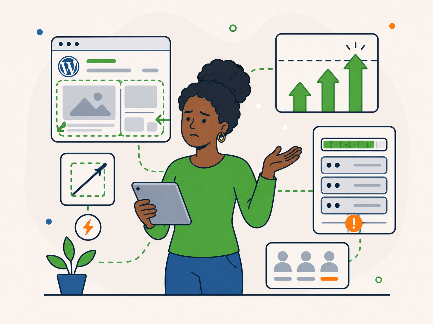 Illustration of a concerned woman holding a tablet while website, hosting, and server panels show a setup that has become restrictive and no longer supports growth.