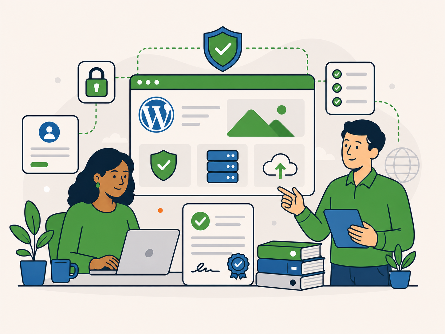 Newt Labs illustration showing secure WordPress data processing, website support, server systems, safeguards, and clear responsibility for client data.