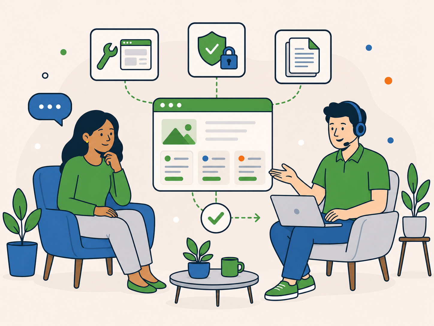 Client discussing data processing and compliance questions with a support specialist, with clear routes to service, security and policy information.