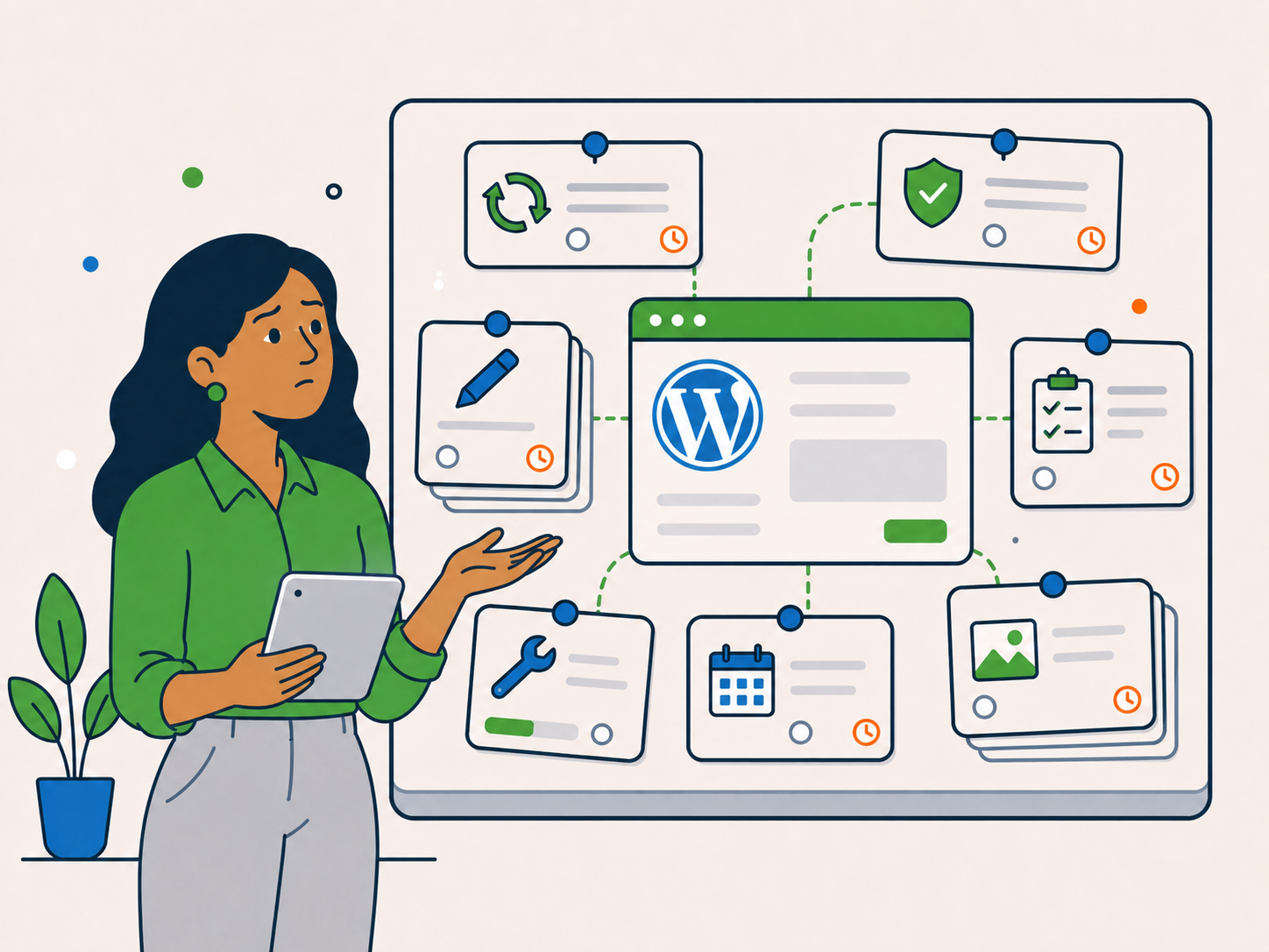 Business owner surrounded by delayed WordPress updates, checks and website tasks waiting to be completed.