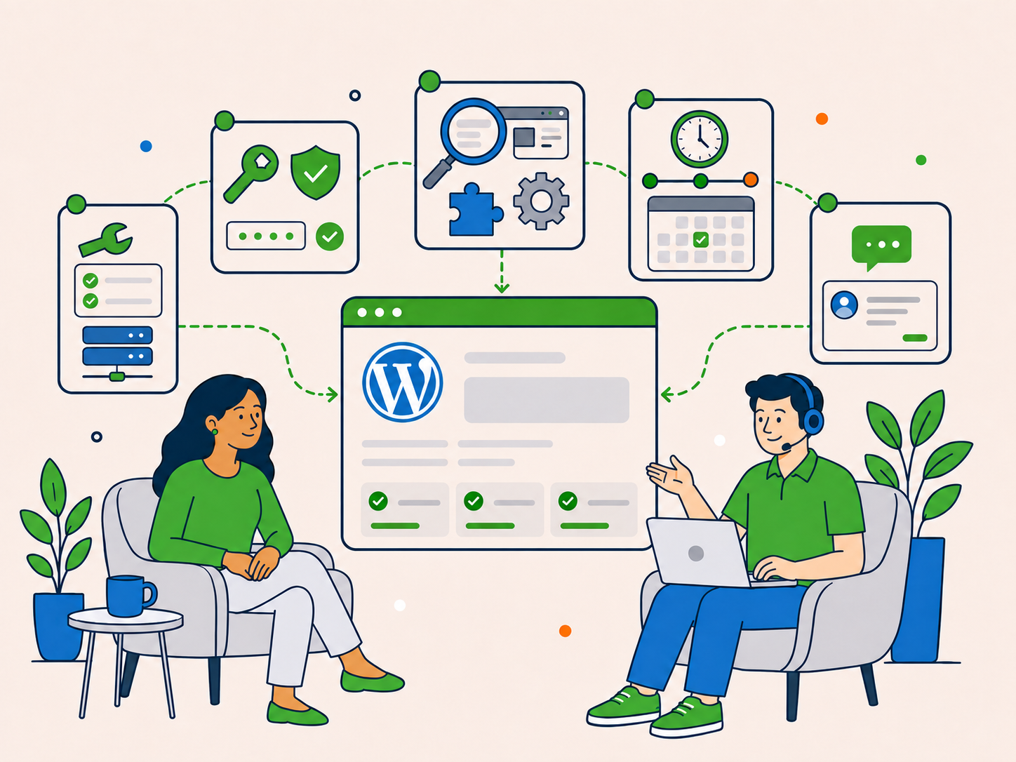 Illustration of a customer and Newt Labs support team member reviewing a WordPress service workflow, with connected icons showing service type, access, investigation, timing, and next-step communication.