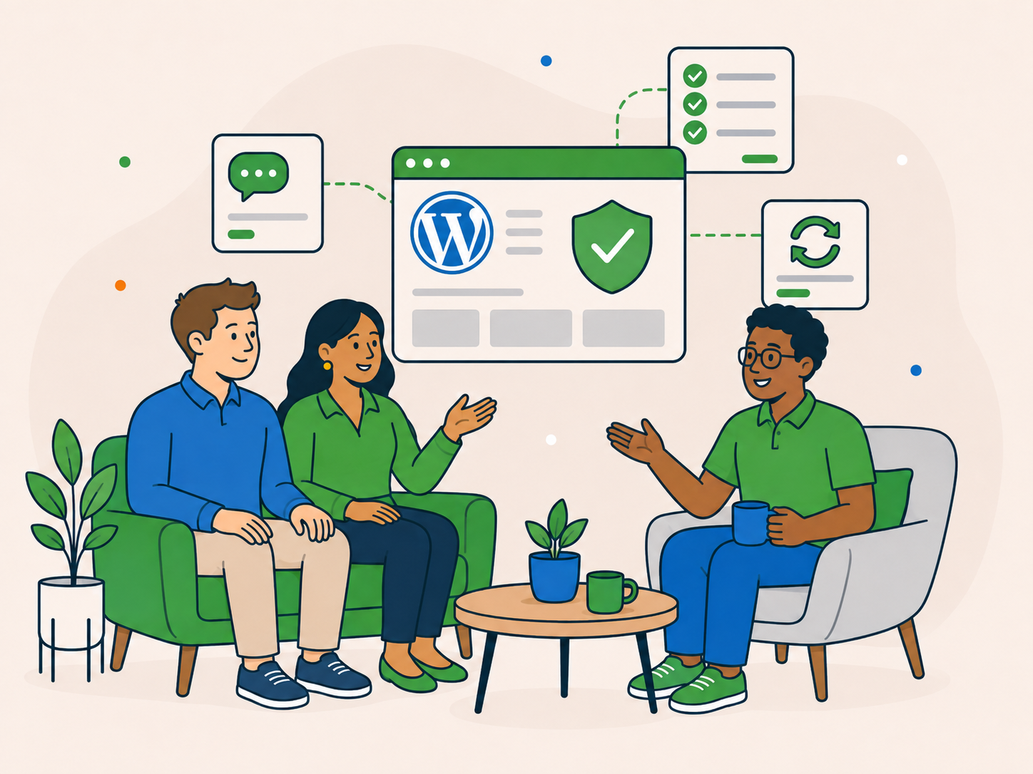 Illustration of two business website contacts speaking with a dependable support adviser, with connected WordPress, security, checklist, chat, and maintenance panels showing a clearer and more joined-up website setup.
