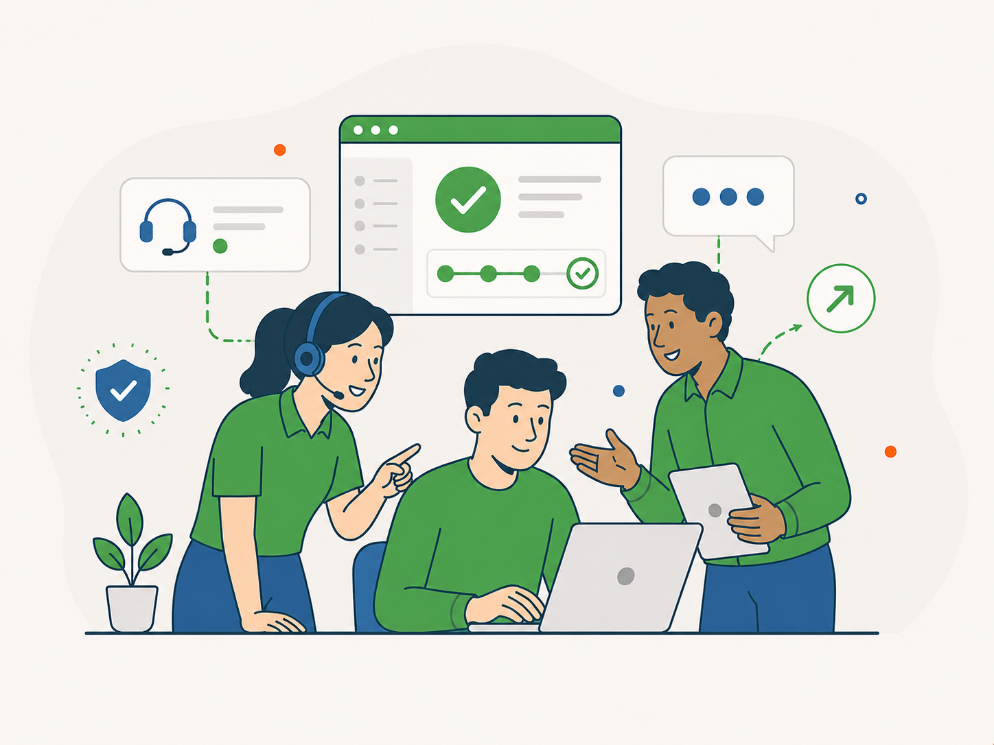 Illustration of a friendly support team helping a website owner with a WordPress issue, showing clear communication, follow-through, and progress.