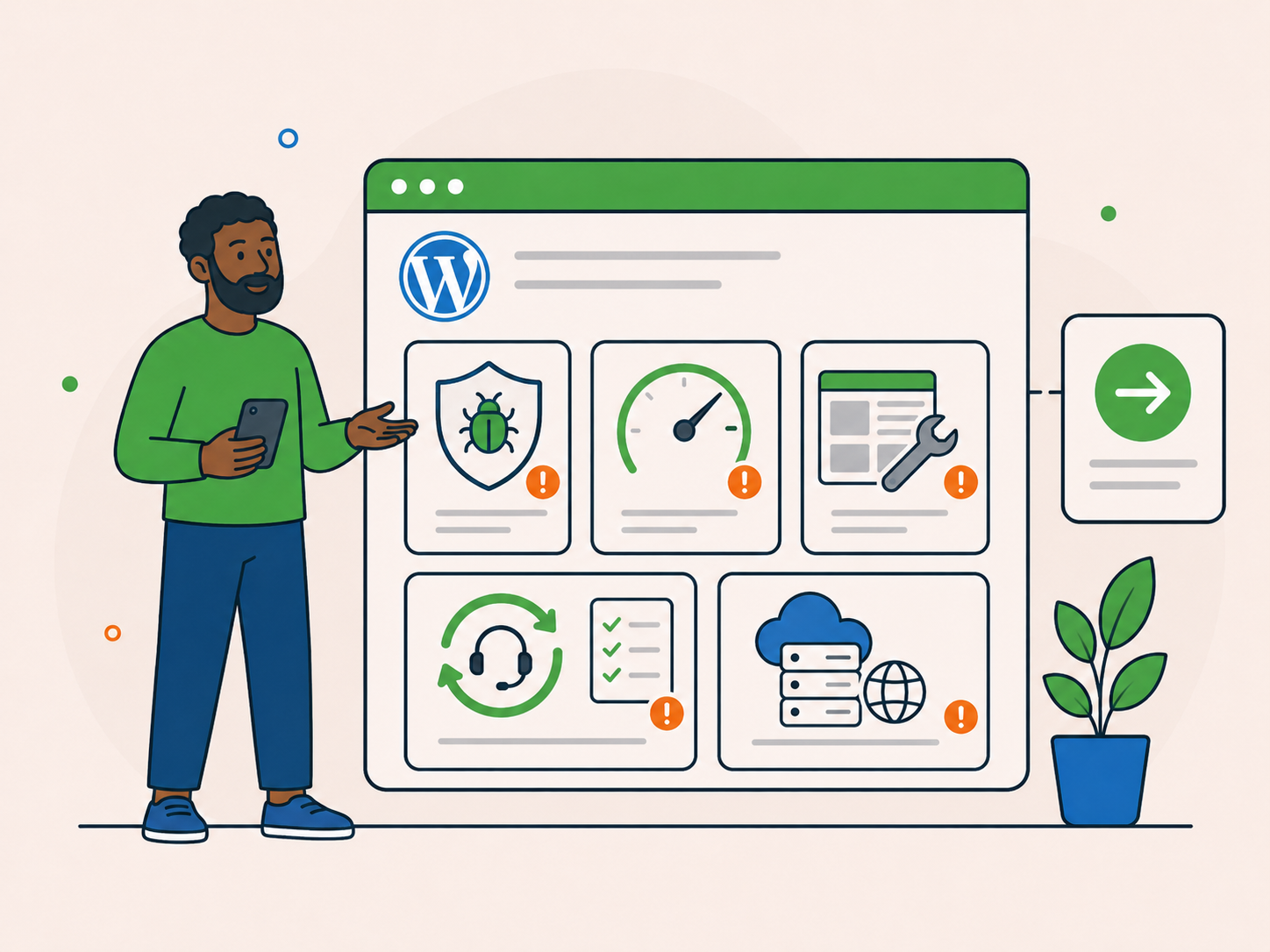 Illustration of a website owner reviewing a WordPress-style dashboard with malware, speed, redesign, ongoing support, and hosting icons showing issues that may need a different service.