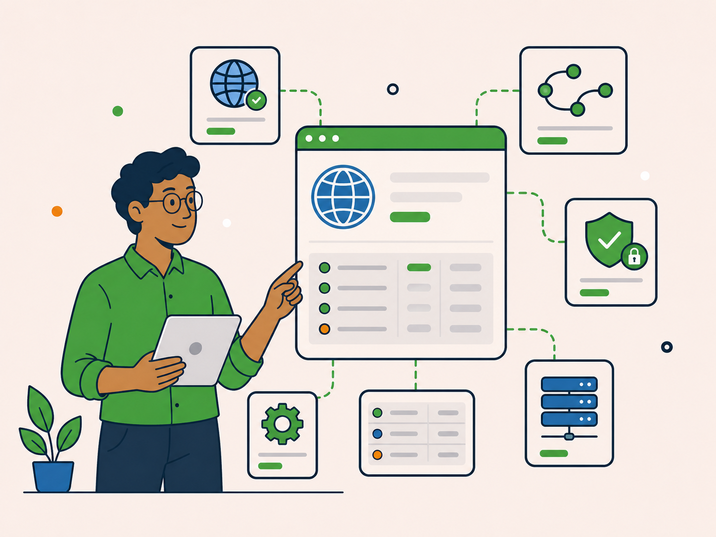 Client reviewing secure domain and DNS settings connected to servers, records and website security.