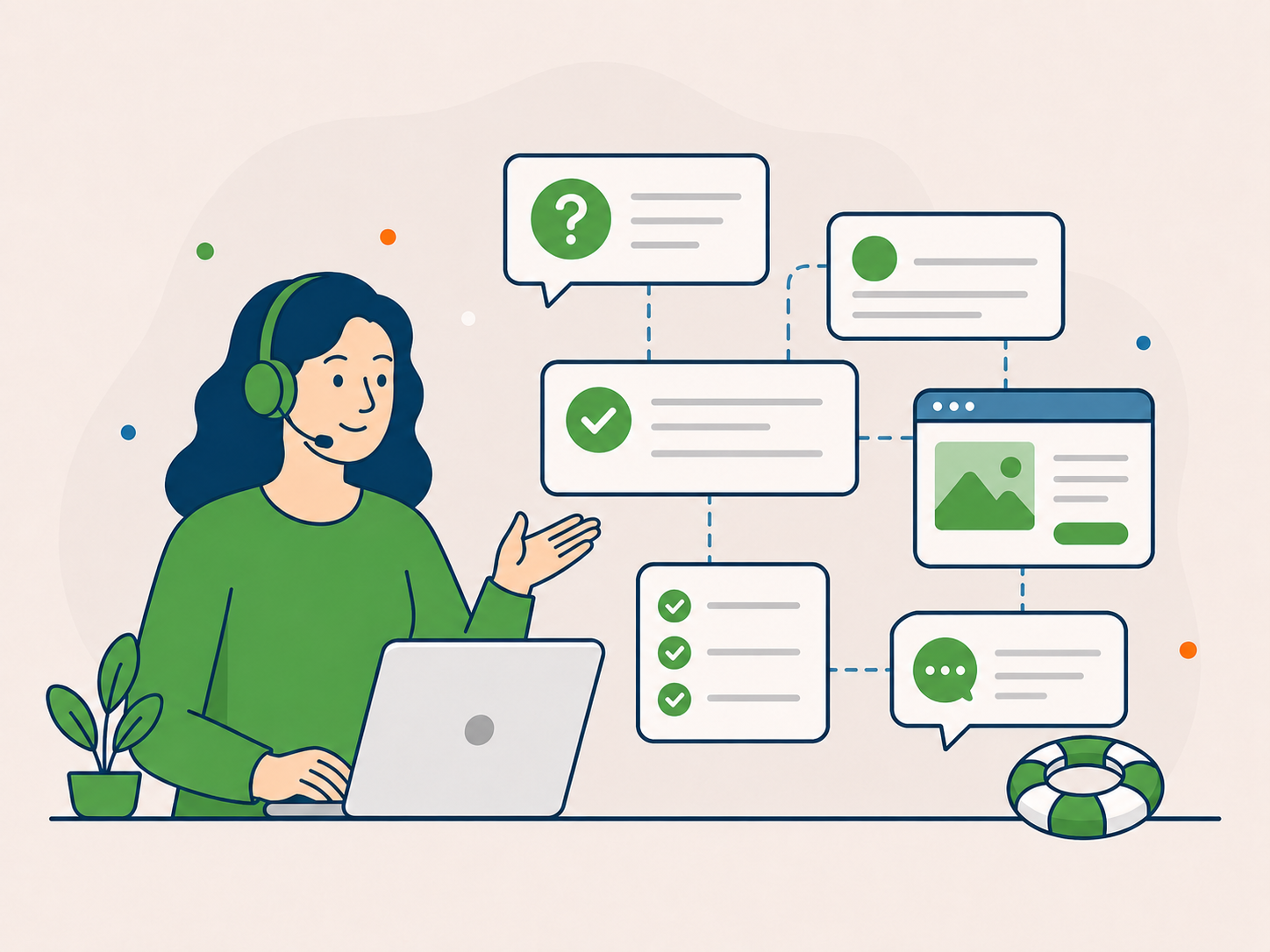 Illustration of a friendly support specialist answering urgent WordPress support questions with connected FAQ and help panels.