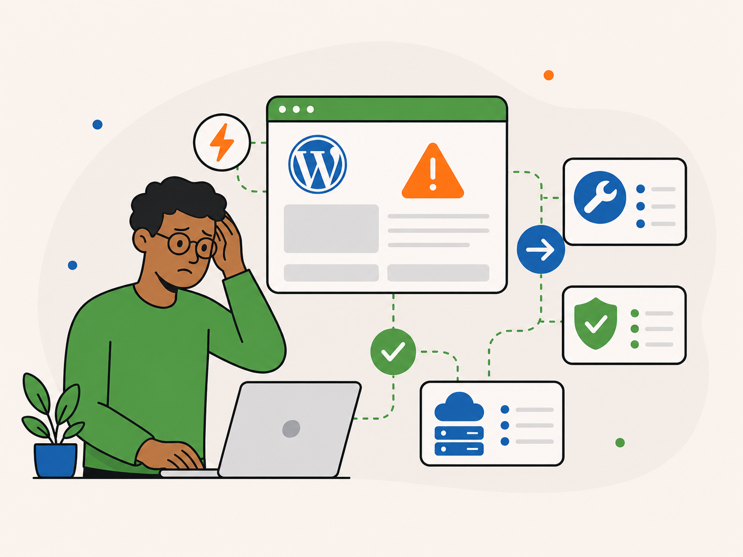 Illustration of a worried website owner at a laptop with a WordPress error screen and connected support options for repair, security, and hosting.